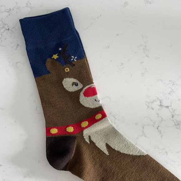 Off Duty Rudolph Festive Novelty Crew Socks Brown Navy Cream Red Yellow OS NWOT - Picture 2 of 7